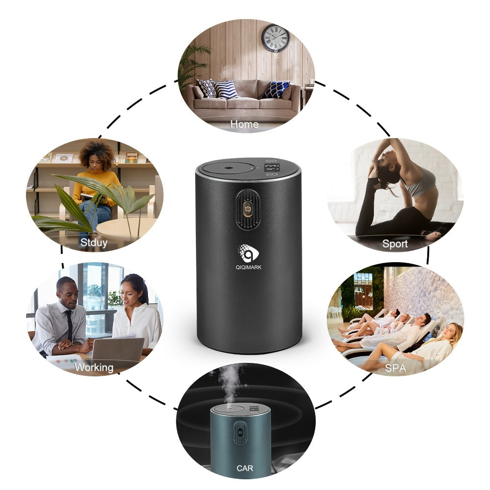 Waterless Essential Oil Diffuser Nebulizer – 4 Mist Levels, 1/2/3/4/6H Timer, Auto-Off, Battery Operated Mini Scent Machine for Home Car Bedroom Hotel, Essential Oil Bundles (Silver & Black)