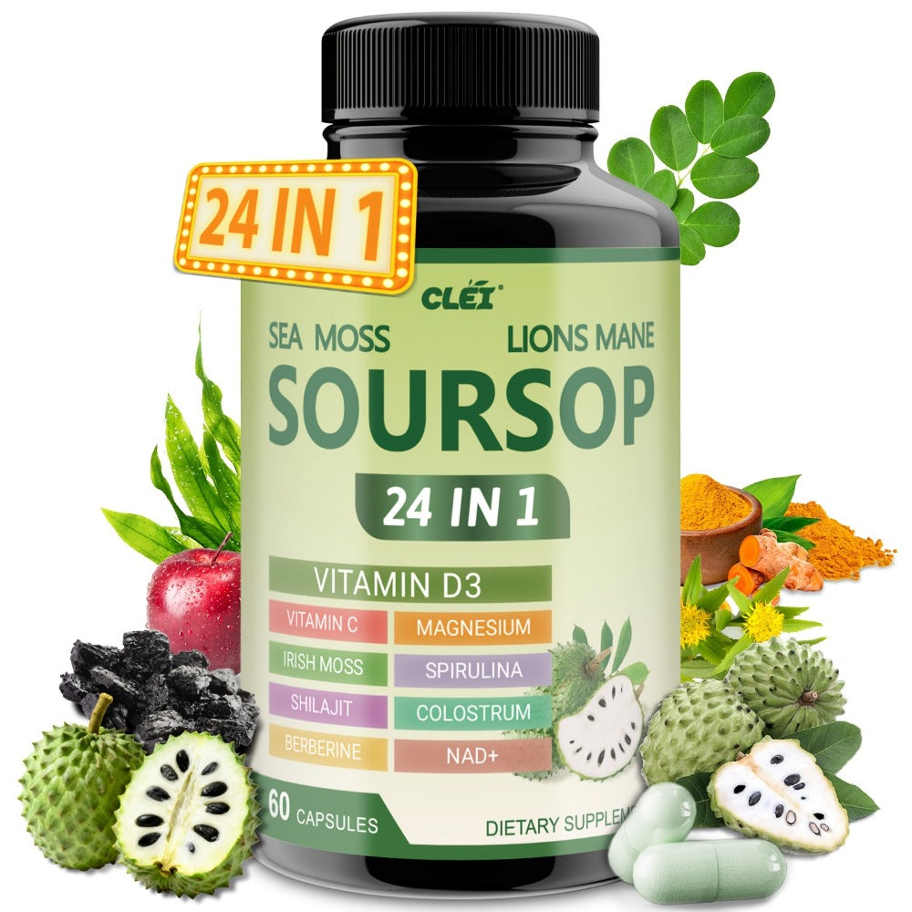 Herbal Supplement with CLEI Label, Soursop Graviola 24-in-1 Capsules, 60 Count, One or Two Bottles