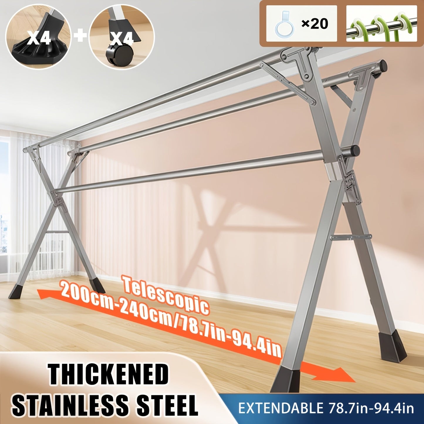 Clothes Drying Rack Foldable with Extendable Rod & Windproof Hooks — Space-Saving High-Capacity Metal Laundry Rack for Indoor, Outdoor, Balcony & Laundry Room | Multiple Sizes