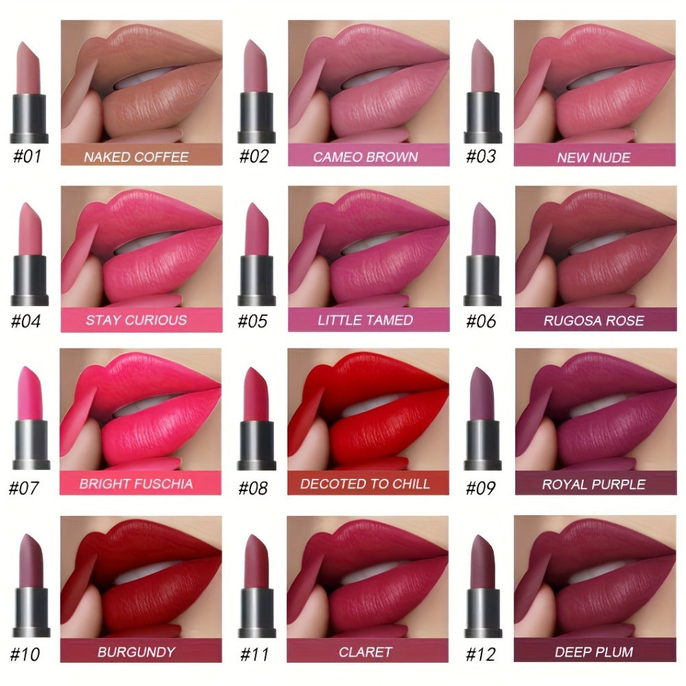 Lip Gloss Set by Mirsist with 6 Matte Lip Colors, Coordinated Nude and Red Tones and Display Case