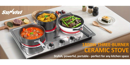 Portable Electric Cooktop Triple Burner 1800W – Royalcraft Countertop Electric Stove with Knob Control, Indicator Light, Compatible with All Cookware, Silver