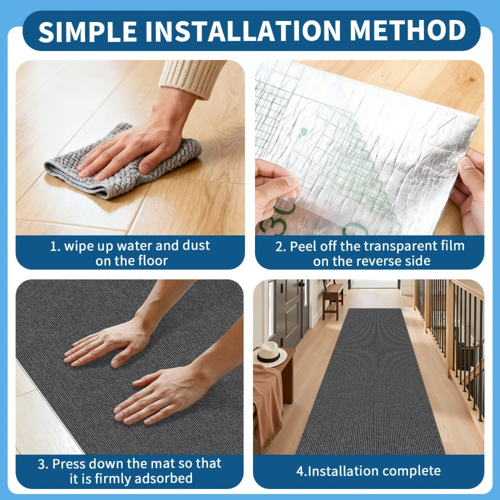 Non-Slip Runner Rug Self-Adhesive Carpet Strip Mat | Machine Washable Hallway Kitchen Stair Mat with Rubber Backing | Cat Scratch Protector Floor Covering