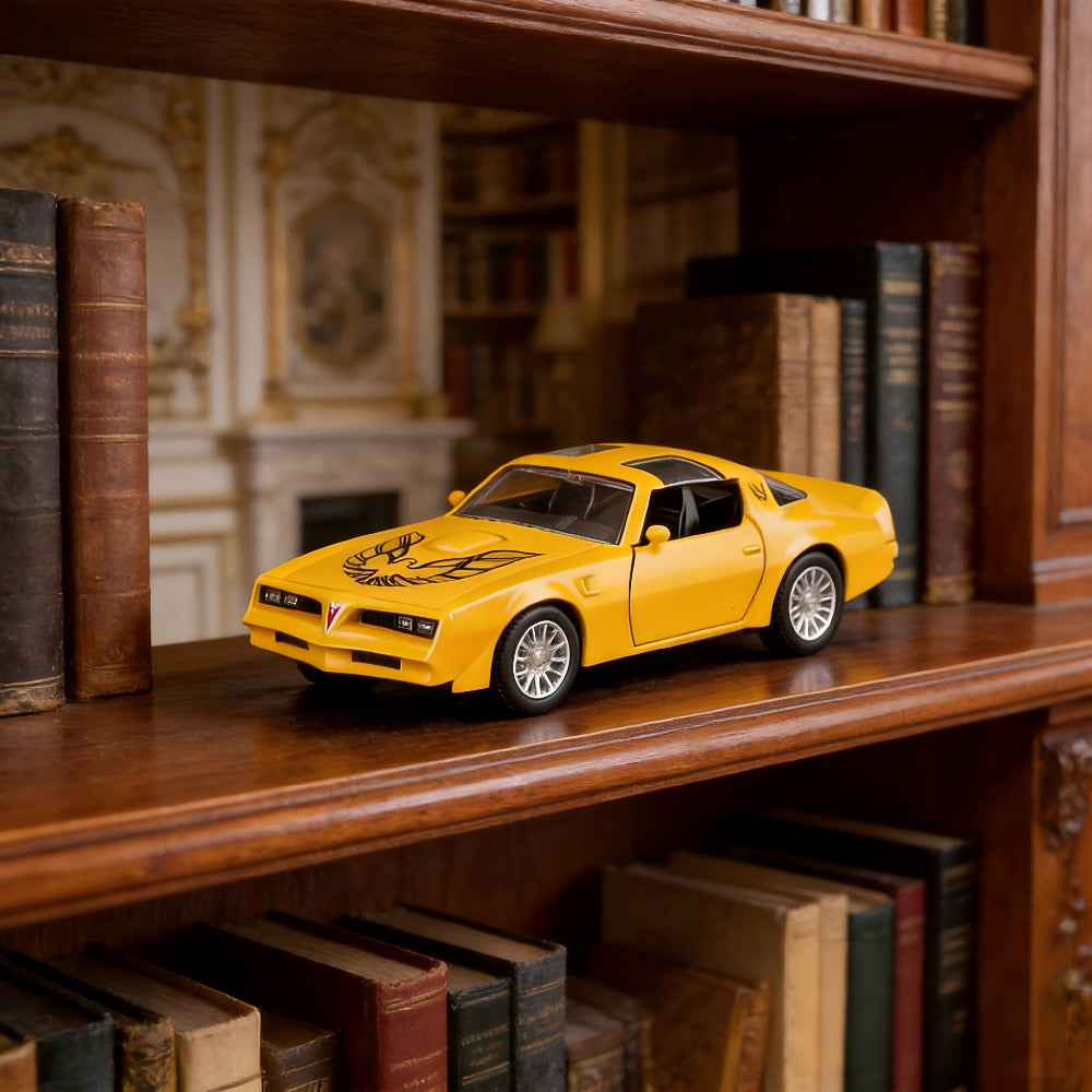 RMZ 1:36 Scale Pontiac Firebird Die-Cast Toy Car with Openable Doors & Pull-Back Action – Zinc Alloy Muscle Car Model with Display Base | Collectible Miniature Gift for Boys Girls Car Enthusiasts Ages 3+