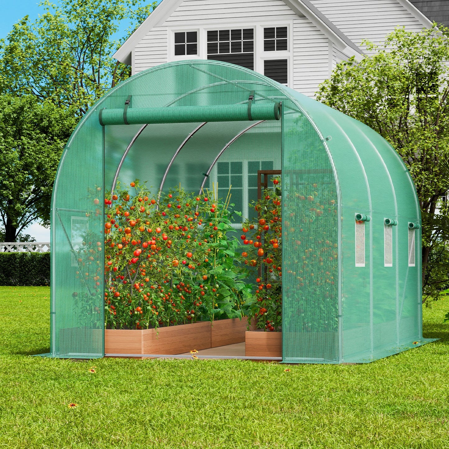10- to 20-Foot Tunnel Greenhouse with Green Cover, Roll-Up Door and Size-Specific Vent Windows