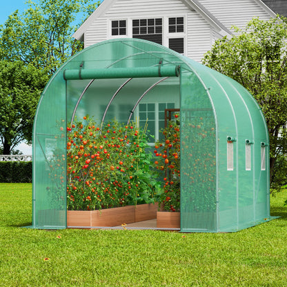 10- to 20-Foot Tunnel Greenhouse with Green Cover, Roll-Up Door and Size-Specific Vent Windows