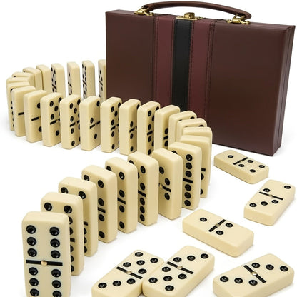 Extra-Large Double-Six Domino Set with 28 Ivory-Color Tiles, Center Spinners and Brown Storage Case