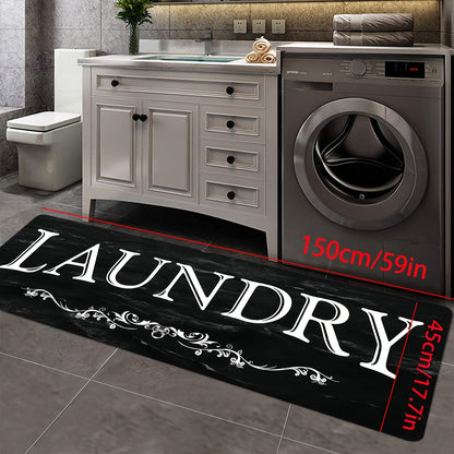 Black and White Laundry Room Mat with Bold LAUNDRY Text in 45 x 120 cm and 45 x 150 cm Size Options