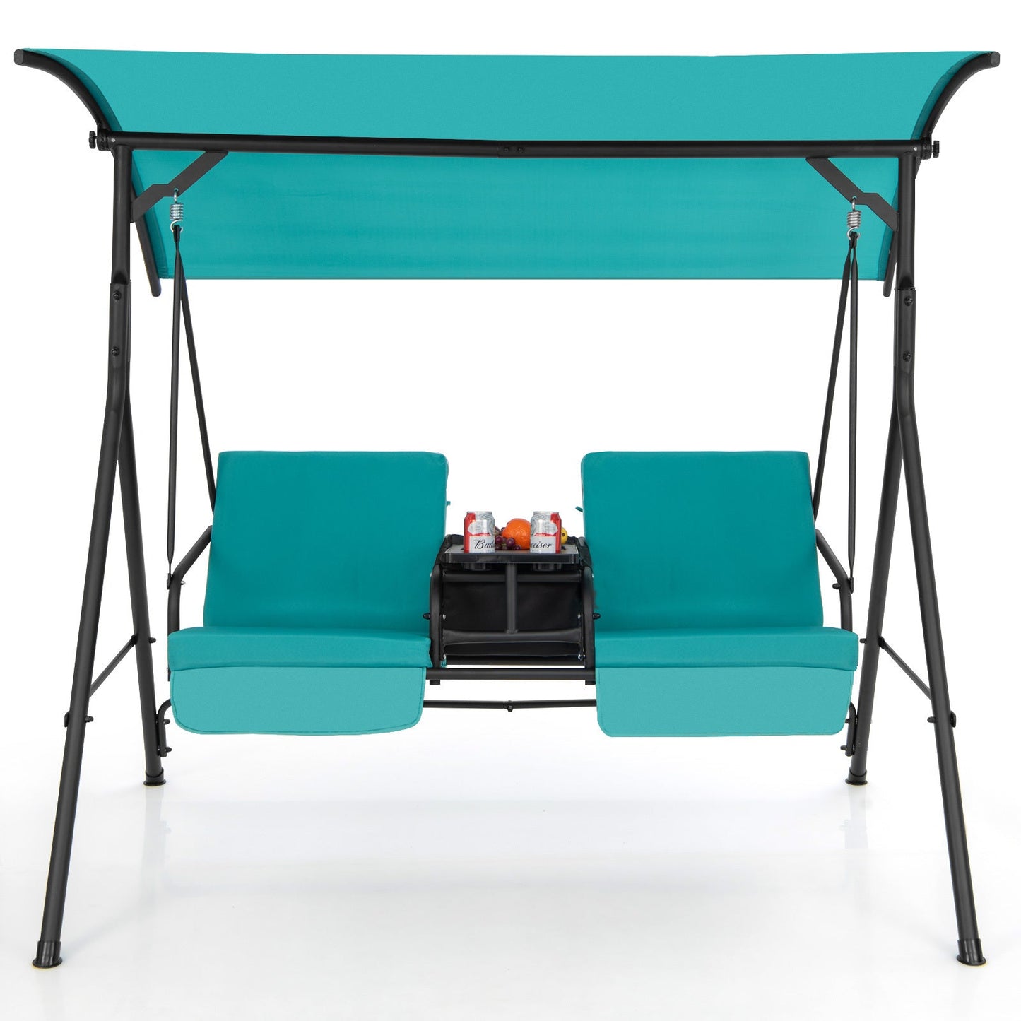 Two-Person Patio Canopy Swing with Cooler Bag, Rotating Tray and Cushions in Beige or Turquoise
