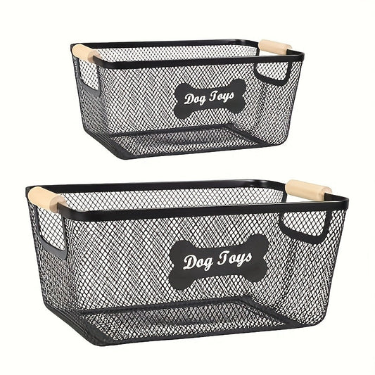 Metal Dog Toy Storage Basket Set with Wooden Handles – 2-Pack Mesh Wire Organizer Bin for Dog Toys, Collars, Blankets & Accessories