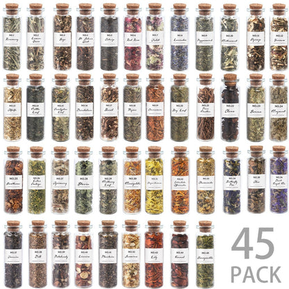 Dried Herbs Kit 45 Bottles with Crystal Spoon – Altar Supplies Herb Set for Wicca, Pagan Magic, Incense Spells & Bath Rituals – Beginner Witchcraft Starter Kit, Unique Gift for Mother's Day, Graduation & Weddings