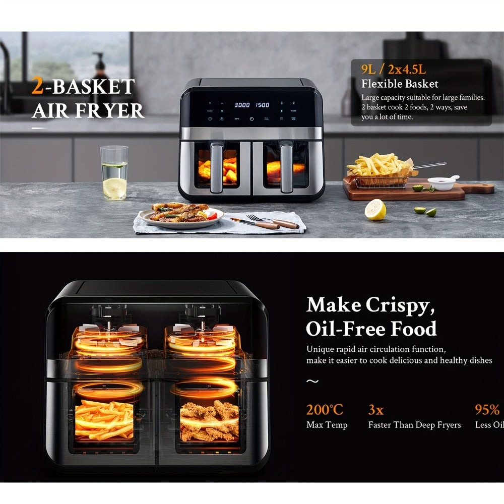 9.5Qt Dual-Basket Air Fryer with Two 4.75Qt Cooking Zones, Touch Controls and Eight Preset Icons