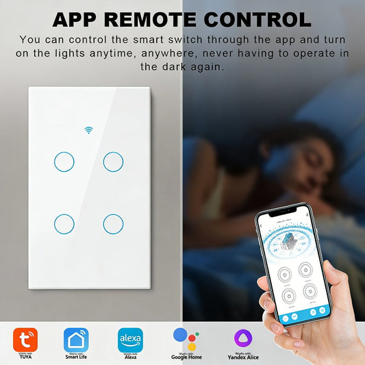 White Glass WiFi Bluetooth Touch Screen Smart Switch 1/2/3/4 Gang – Scratch-Resistant, Works with Alexa & Google Home, Tuya App, Smart Scenes, Timer, Share Function, 600W/Gang, Neutral Required