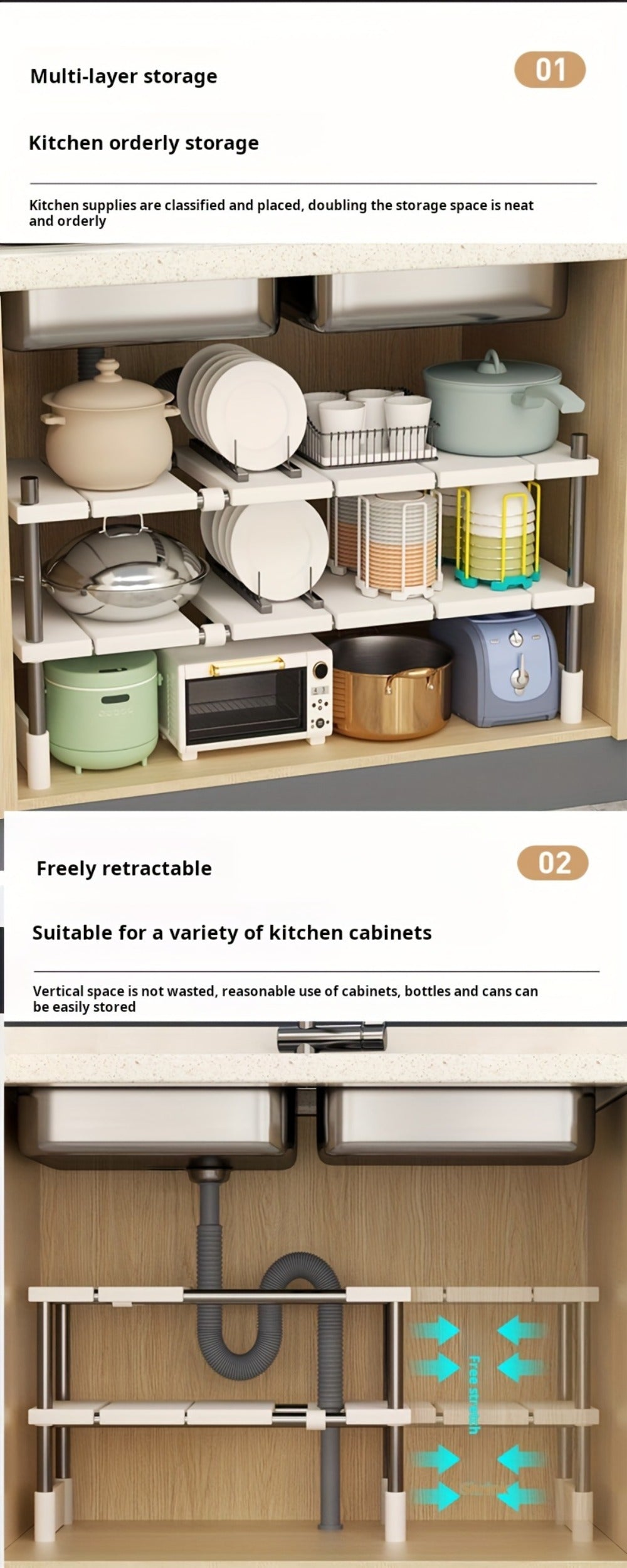 Adjustable Under-Sink Organizer with White Single-Layer Sliding Panels, Metal-Look Supports and Central Plumbing Gap