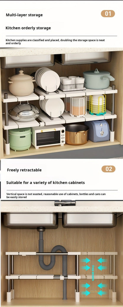 Adjustable Under-Sink Organizer with White Single-Layer Sliding Panels, Metal-Look Supports and Central Plumbing Gap