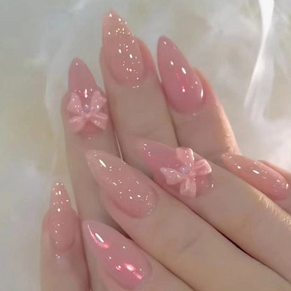 Ice Pink Almond Press On Nails 96 Pieces 4 Packs – Gradient Flower Butterfly Glossy Full Cover False Nails for Women Girls | Shiny Nail Tips Daily Wear Spring Summer Bridal Wedding Nail Art Kit