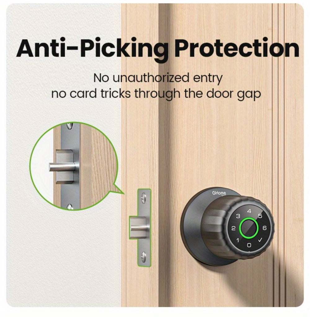 GHome KD03 PRO Smart Door Knob 4-in-1 with USB-C Charging & Gateway Remote - Fingerprint, Keypad & App, Anti-Peep, Tamper Alarm, Emergency Power, Keyless Entry, Black