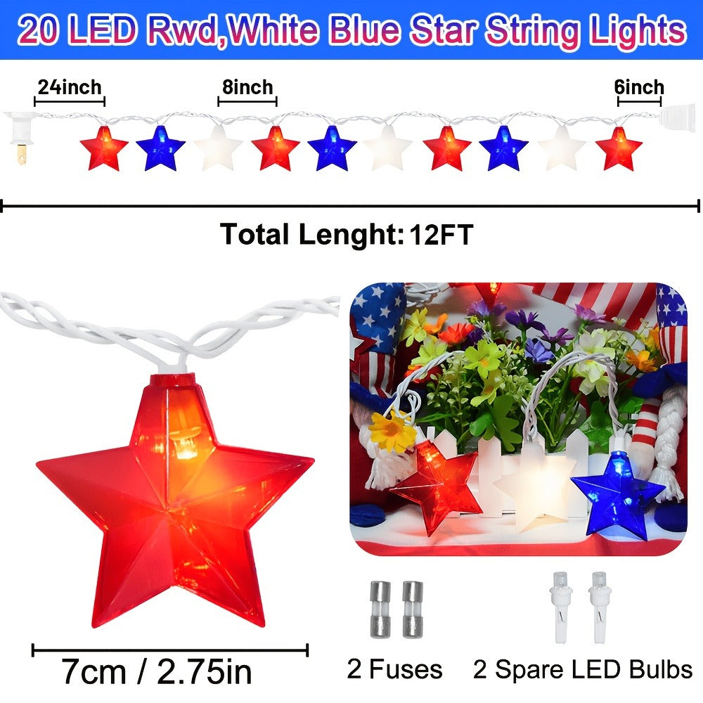 Patriotic Star String Lights July 4th Red White Blue LED Plug-In Indoor Outdoor Decor 8.5FT 12FT Memorial Day Independence Day Party Decoration