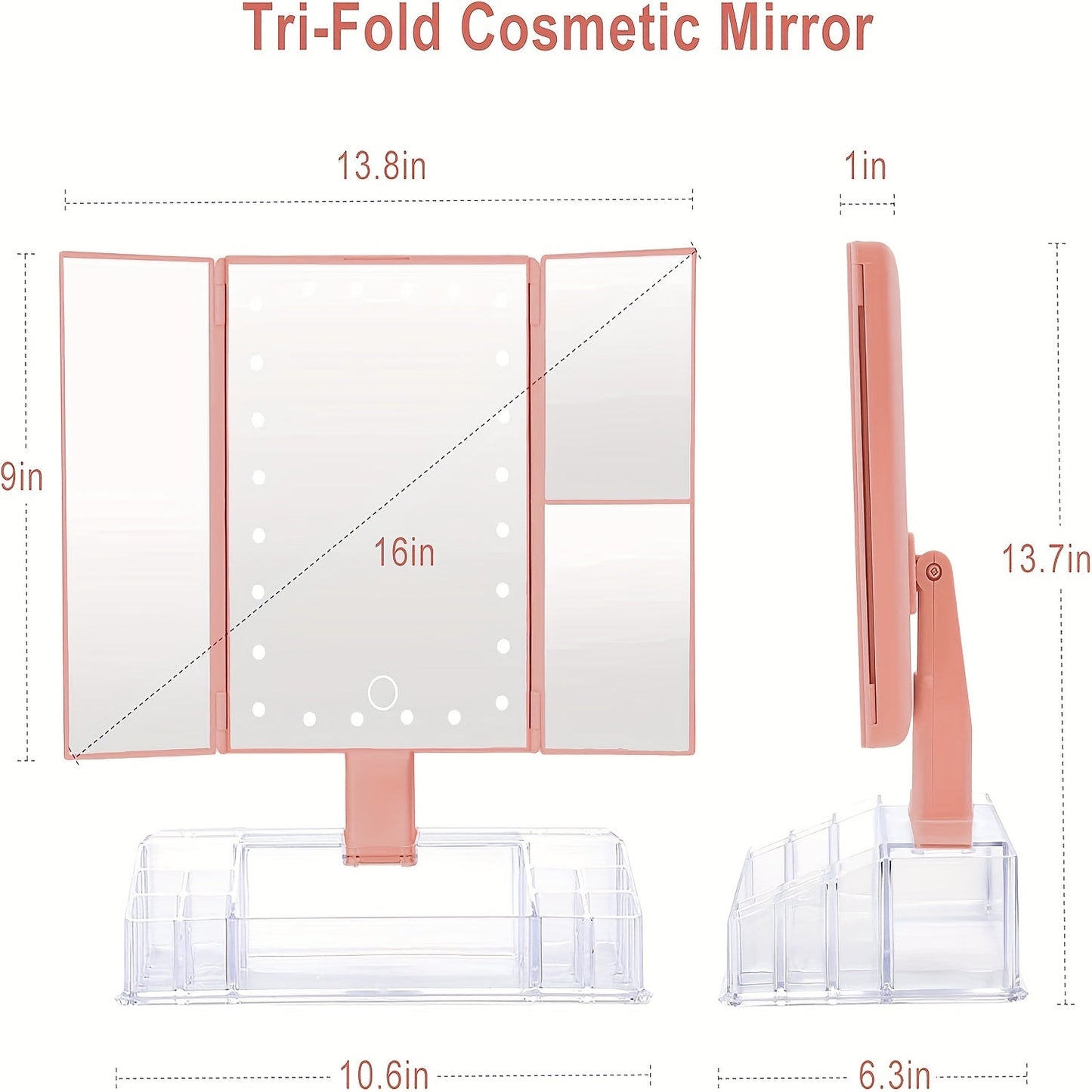 Makeup Mirror Tri-Fold Vanity with 24 LEDs, 1X 2X and 3X Panels, Touch Dimming, Storage Base and Dual Power