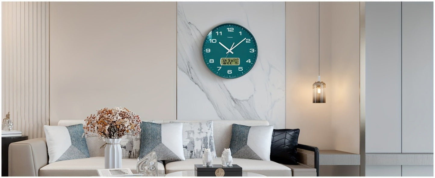 Round Analog Wall Clock with LCD Calendar and Temperature Window, Four Colors and 10- or 12-Inch Sizes