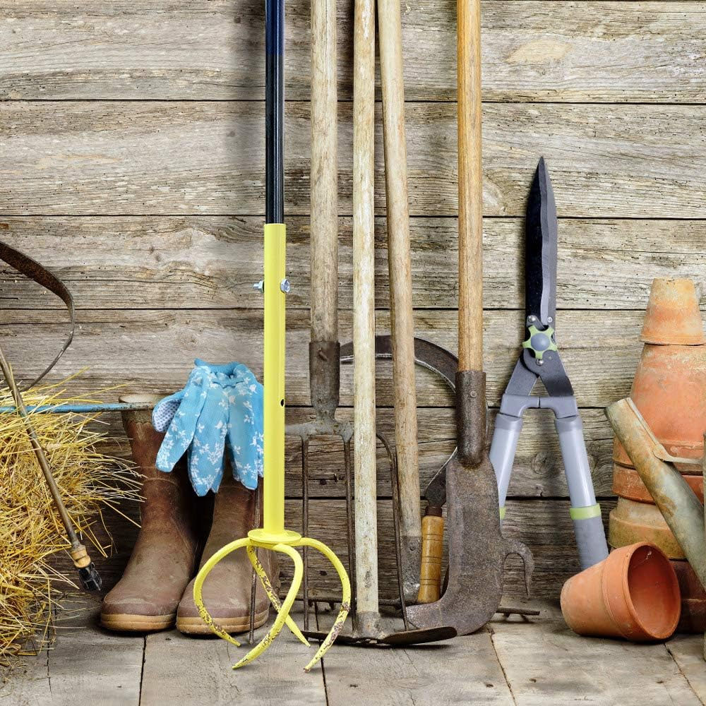 Yellow Manual Twist Tiller with Four Curved Soil Claws, T-Handle and Detachable Three-Section Shaft