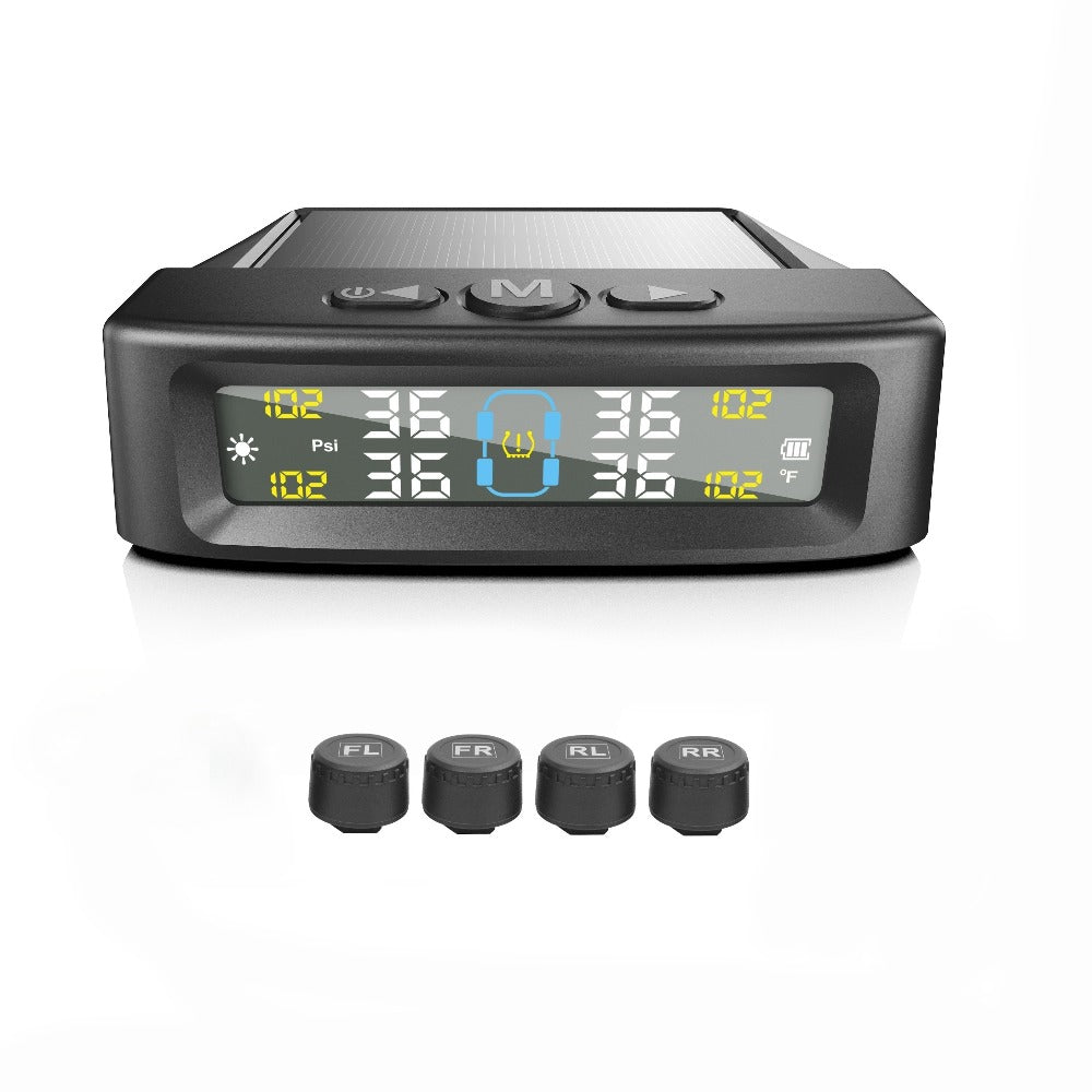TPMS Tire Pressure Monitoring System – Wireless Solar & USB Powered, External Sensors, Universal Fit for 36V & Below Vehicles, Model T12