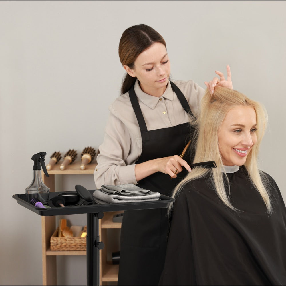 Black Adjustable Salon Tray Cart with 10 Disposable Covers, Rolling Casters and Removable Top Tray