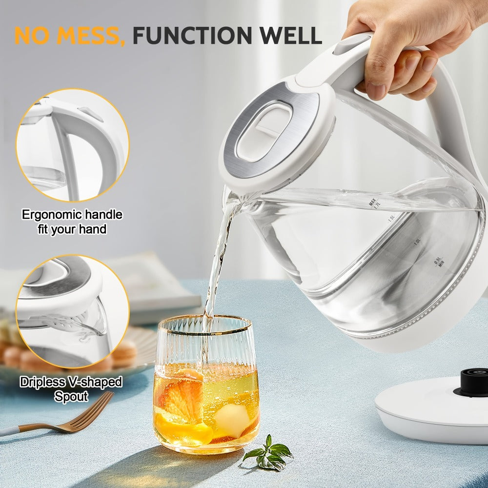 Glass Electric Kettle 1200W Fast Boiling – 57.48oz Tea Kettle with LED Indicator, Auto Shut-Off & Boil-Dry Protection, Elegant Transparent Design for Kitchen, Office & Camping