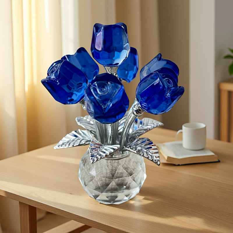 Glass Rose Floral Sculpture in Blue or Purple with Five Faceted Blooms and Silver-Tone Leaves for Display