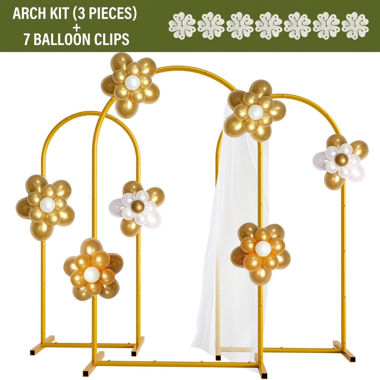 Three-Piece Gold Metal Arch Backdrop Set with 7.2FT, 6.6FT and 6FT Frames plus Seven Balloon Clips