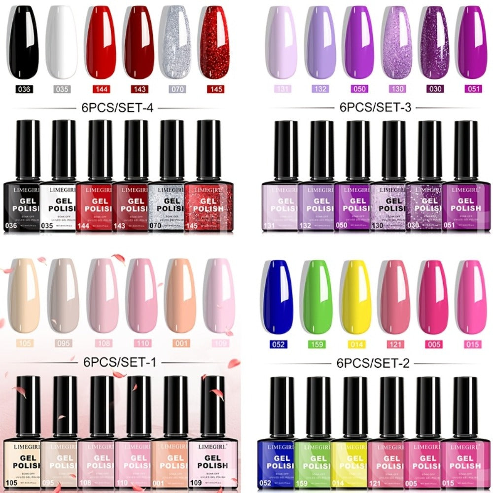 Gel Nail Polish Set with LIMEGIRL Label, 6 Fall Winter Glitter and Solid Colors, Two Palettes