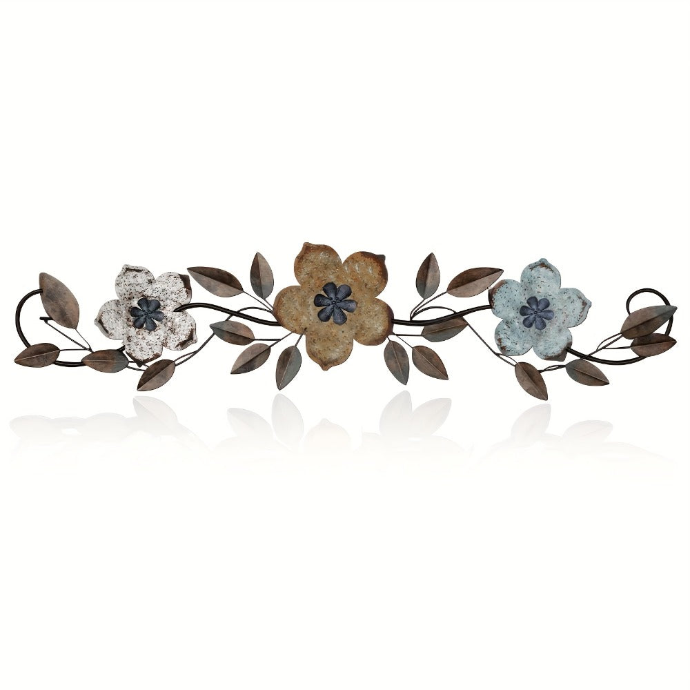 Metal Flower Wall Decor with 15.75-Inch Horizontal Teal, White and Metallic Floral Scroll Design