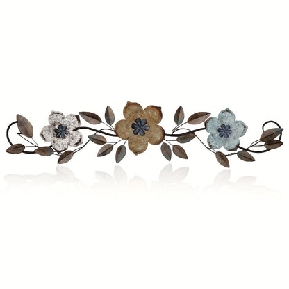 Metal Flower Wall Decor with 15.75-Inch Horizontal Teal, White and Metallic Floral Scroll Design
