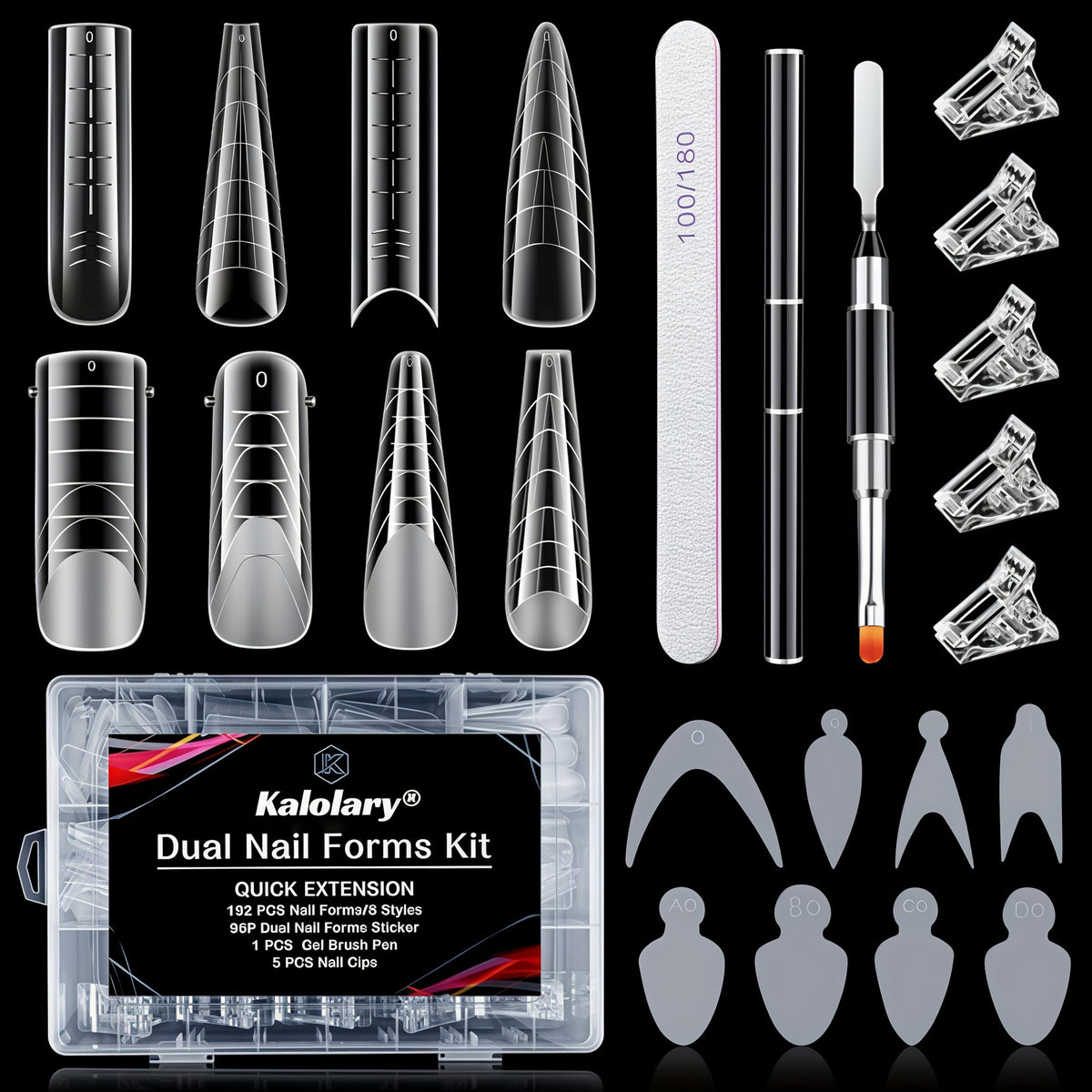Poly Gel Nail Extension Form Kit - 192pcs Dual Forms, 96pcs Reusable Pads, 8 Shapes Acrylic Mold, Brush Pen