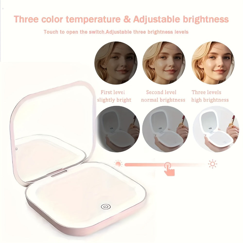 Foldable LED Makeup Mirror Double-Sided 1X 2X Magnification - Handheld Lighted Mirror, for Makeup, Travel and Everyday Vanity Use