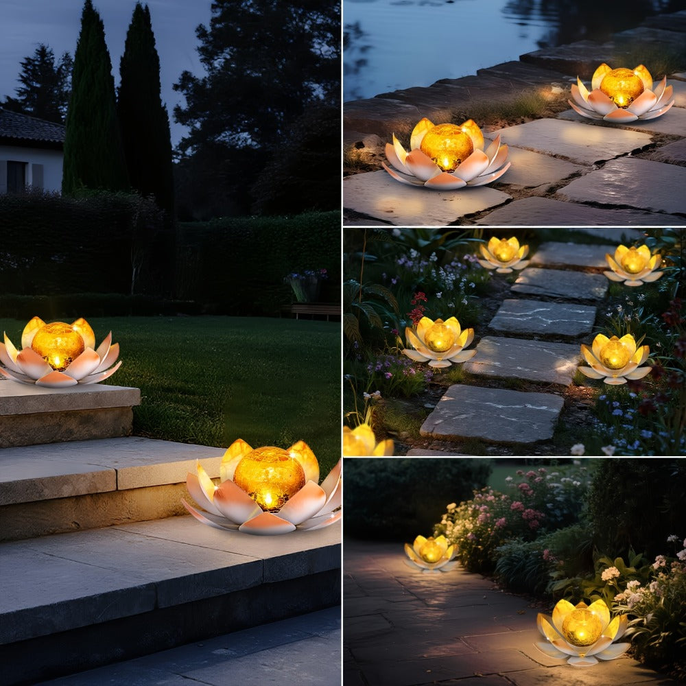 Solar Garden Lights 2-Pack Lotus Stakes with Cracked Glass Globes, Iron Frame and IPX4 Rating