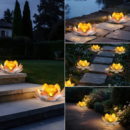 Solar Garden Lights 2-Pack Lotus Stakes with Cracked Glass Globes, Iron Frame and IPX4 Rating