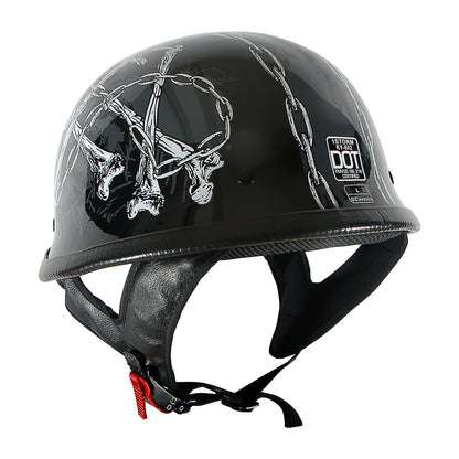 German Style Motorcycle Half Face Helmet – Novelty Skull & Carbon Fiber Design, UV Glossy Finish, Removable Washable Padding, Quick Release Buckle, Adult M/L/XL