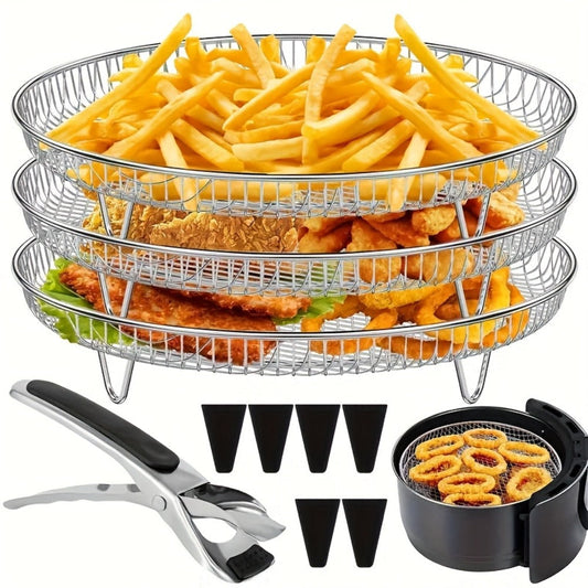Air Fryer Rack Set – 10-Piece Stainless Steel Stackable Dehydrator Rack with Clips for 4.2QT-5.8QT Round Air Fryers, Reusable Elevated Baking Accessories, Dishwasher Safe