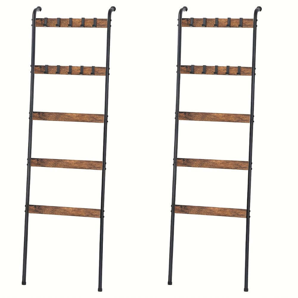Five-Tier Brown Blanket Ladder with Ten Removable Hooks in One- or Two-Piece Checkout Options
