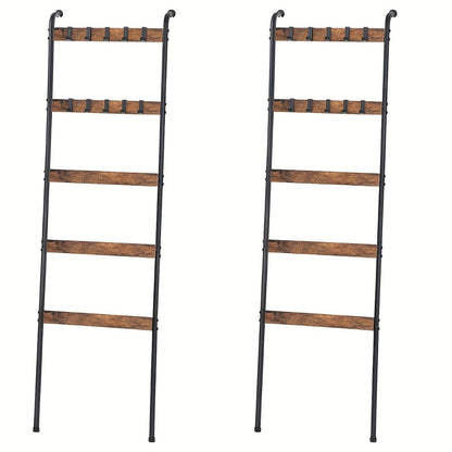 Five-Tier Brown Blanket Ladder with Ten Removable Hooks in One- or Two-Piece Checkout Options