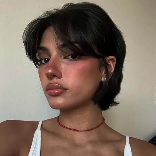 Pixie Cut Wig Human Hair with Bangs Glueless Short Brazilian Layered Machine Made Throw-On-and-Go Hairpiece Natural Black 1B Medium Brown #4 6 8 Inch Wig for Women