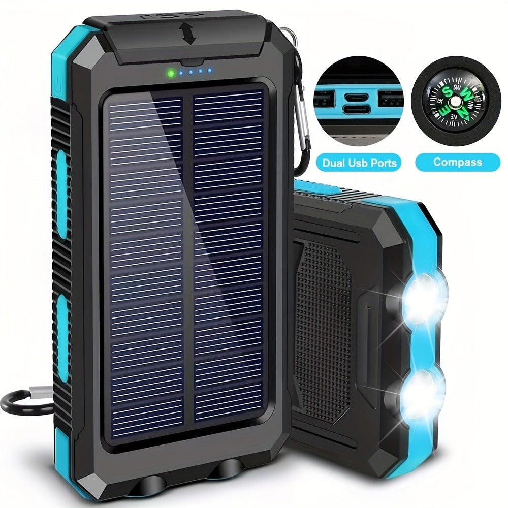Solar Power Bank, 29800mAh Dual-USB 5V Charger with Solar Panel, Dual LED Flashlight, Compass and Eight Color Options