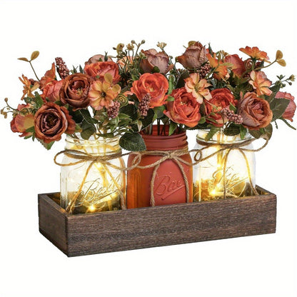 Mason Jar Centerpiece Table Decorations with Wood Tray & LED Lights – 3-Piece Farmhouse Decor Set for Dining Room, Kitchen, Living Room & Bathroom | Holiday Home Decor Gift