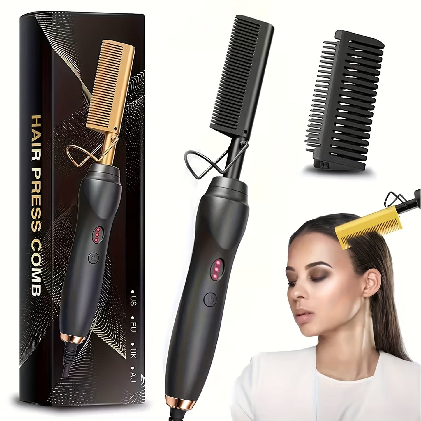 Electric Hot Comb Hair Straightener – 3-in-1 Ceramic Pressing Comb for Natural Hair, Beard & Wigs, Curling & Straightening Iron with Protective Holder, Bonus 2 Clips & 1 Comb, Gift Ready
