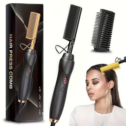 Electric Hot Comb Hair Straightener – 3-in-1 Ceramic Pressing Comb for Natural Hair, Beard & Wigs, Curling & Straightening Iron with Protective Holder, Bonus 2 Clips & 1 Comb, Gift Ready