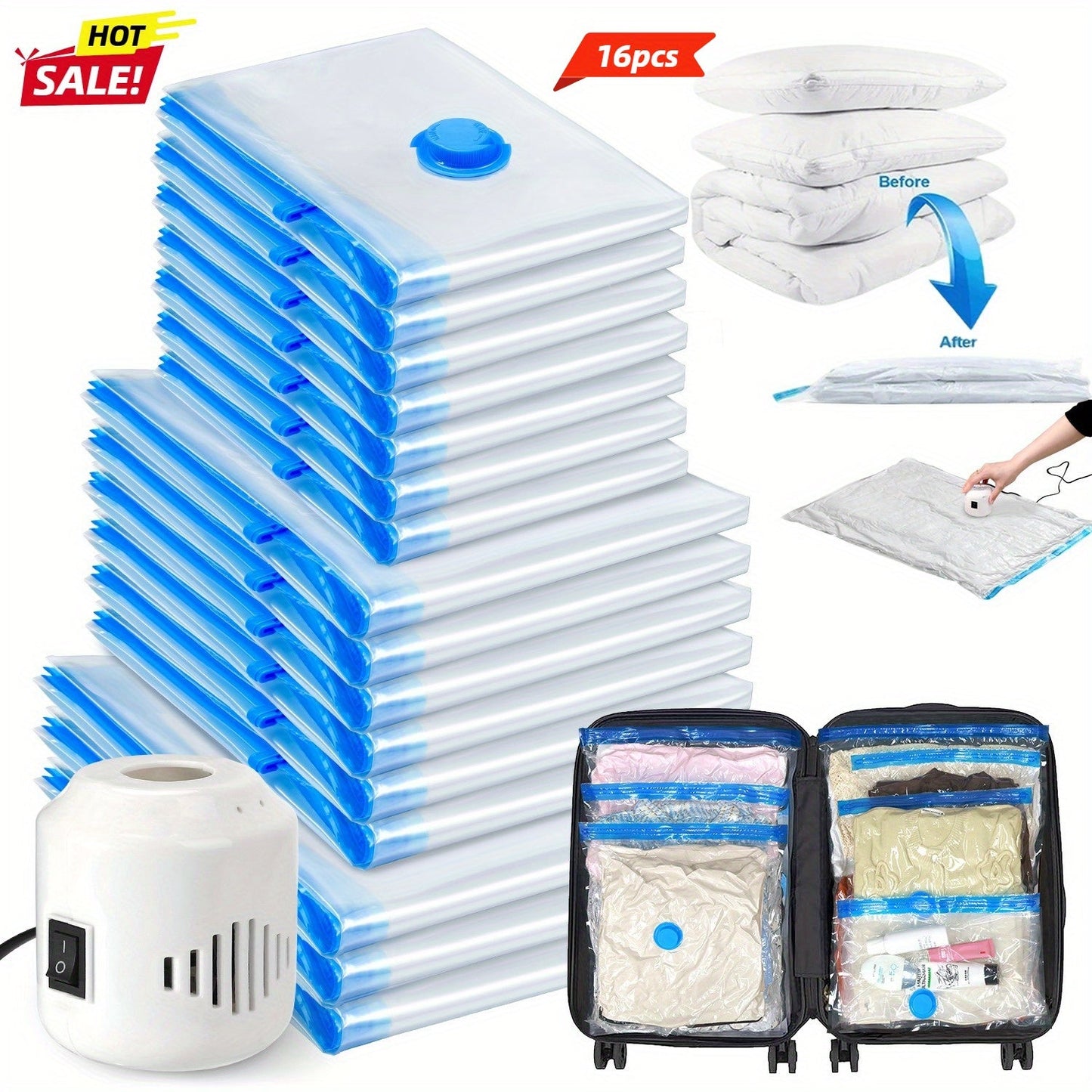 Clear Blue Vacuum Storage Bag Set with Pictured Electric Pump, 16-Piece Checkout Pack and Travel Cases