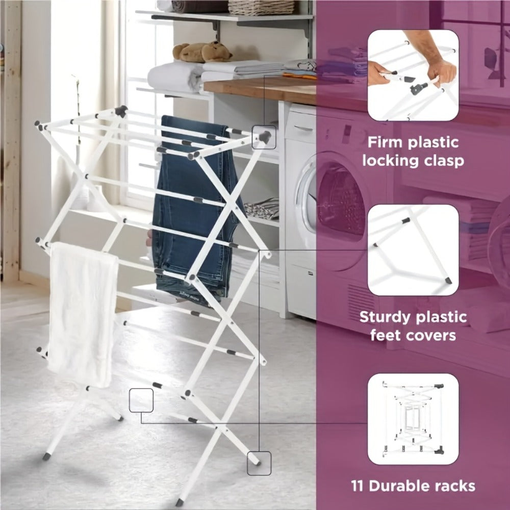 Three-Tier X-Frame Clothes Drying Rack with Collapsible Metal Bars and Gray, White or Top-Rack Configurations
