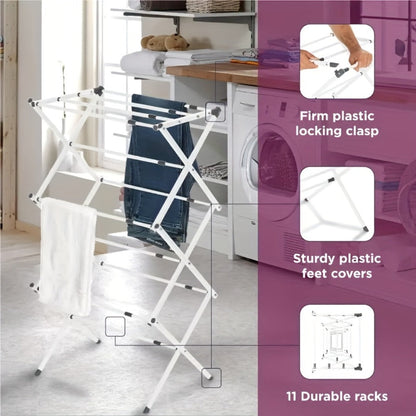 Three-Tier X-Frame Clothes Drying Rack with Collapsible Metal Bars and Gray, White or Top-Rack Configurations