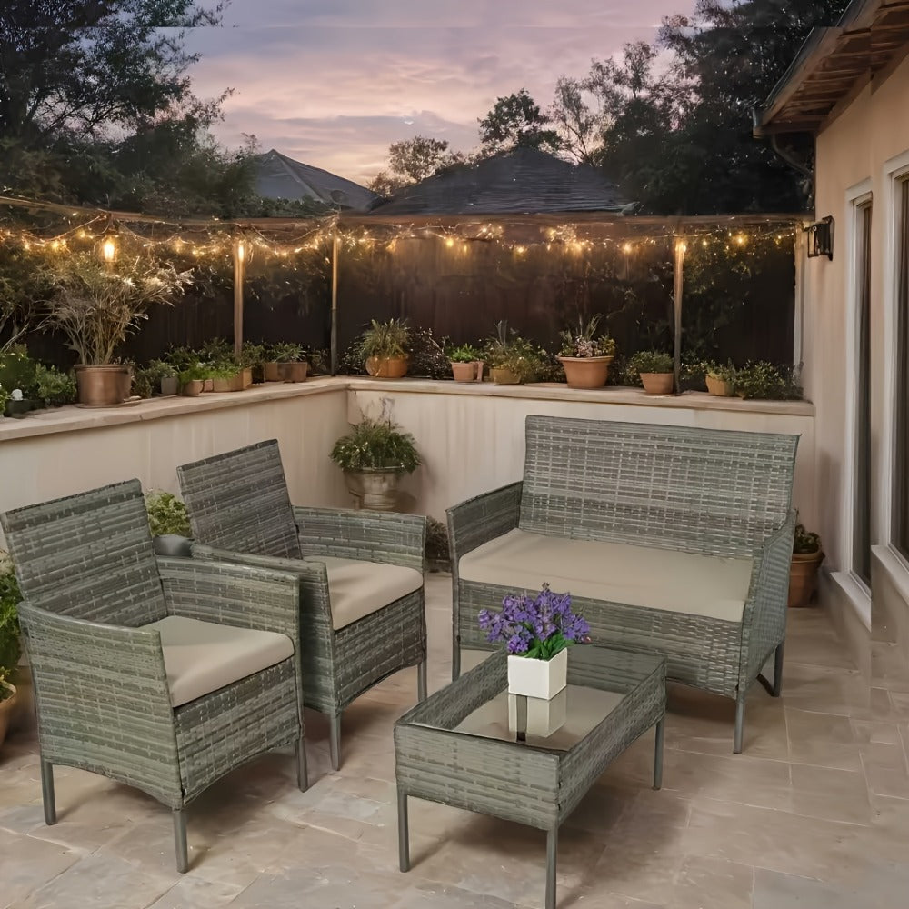 4-Piece Wicker Patio Conversation Set with Side Table and Two Cushions detail image - detail view 5