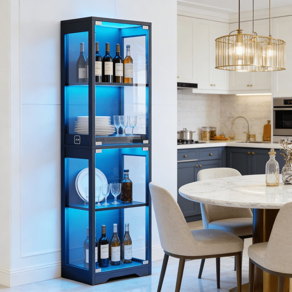 Display Cabinet, 4-Tier Glass with 3 LED Lights & Motion Sensor - Single Door Curio shown in the main product view
